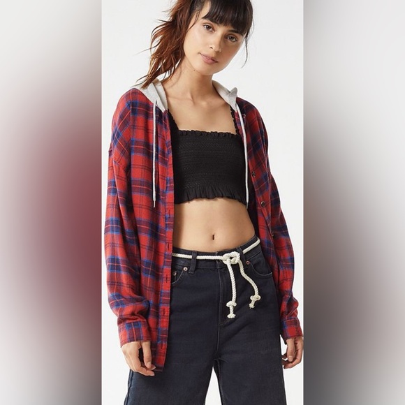 Urban Outfitters BDG Darcy Plaid Flannel Hooded Button-Down Shirt - Picture 1 of 7